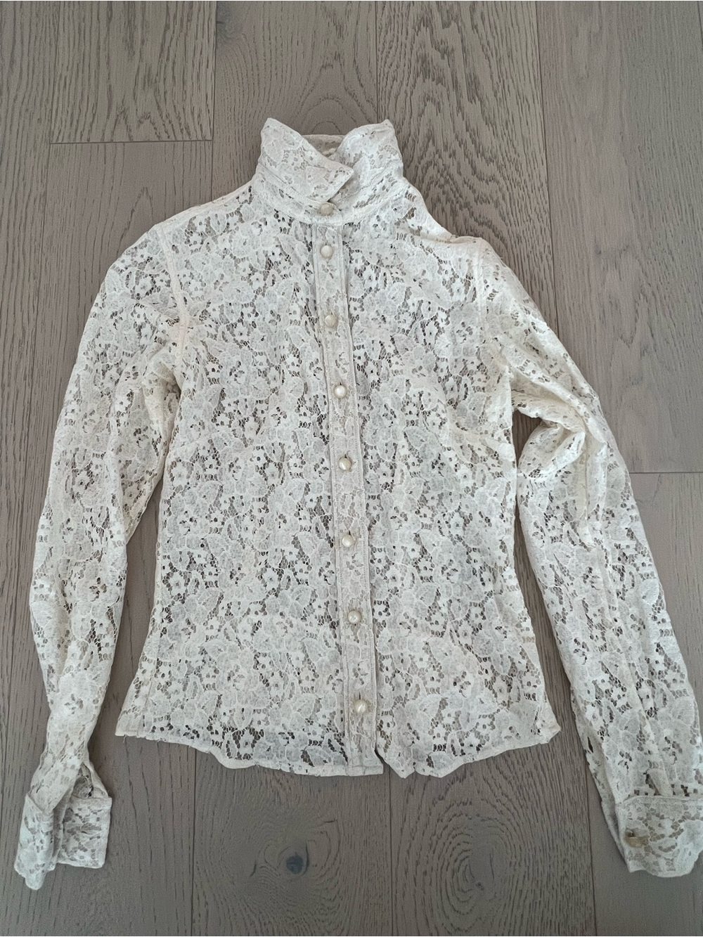 KOTN Ivory Lace High-Neck Pearl-Button Blouse